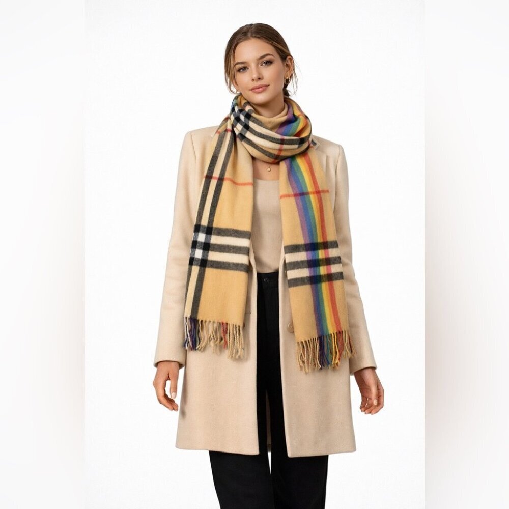 Pashmina 100% Cashmere Tan Plaid Rainbow Scarf One Size Fringe Luxury Cozy Chic